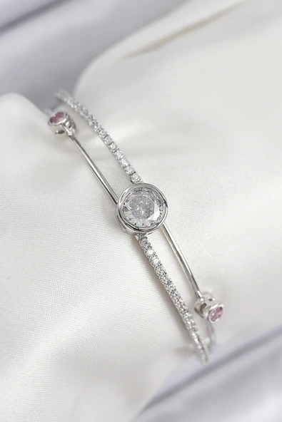 Pirinç Zirkon Taşlı Pırlanta Model Gümüş Renk Kadın Bileklik - EBJ250902W37740 ürün görseli