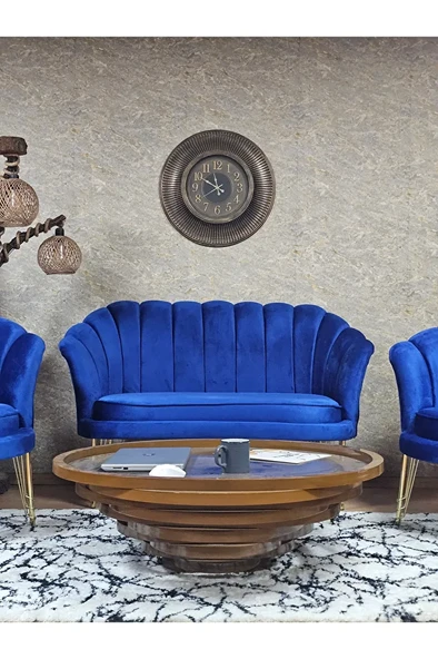 İstiridye Takım Gold Kaplama Telli Ayak Çay Seti Koltuk Takımı Mavi Renk 110 x 48 Boyut/Ebat - Resim 2