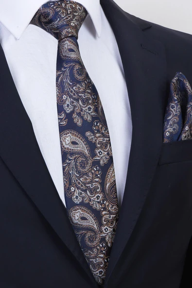 Esgue Hand Made 7.5 cm Bej Lacivert Damla Desen Mendilli Kravat ürün görseli 1