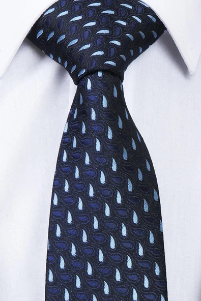 Esgue Hand Made 7.5 cm Damla Desen Mavi Siyah Mendilli Kravat - 3