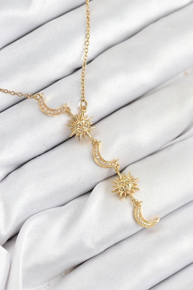 Zirkon Taşlı Güneş Ve Ay Model Gold Renk Kadın Kolye - EBJ250902W37768 ürün görseli