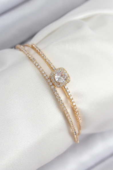 Pirinç Zirkon Taşlı Baget Model Gold Renk Kadın Bileklik - EBJ250902W37731 ürün görseli