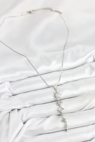 Zirkon Taşlı Güneş Ve Ay Enerji Model Gümüş Renk Kadın Kolye - EBJ250902W37771 - Resim 2