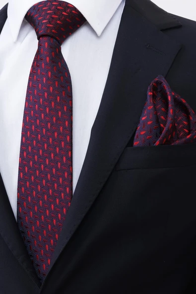 Esgue Hand Made 7.5 cm Damla Desen Bordo Kırmızı Mendilli Kravat - Resim 2