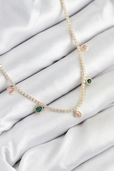 Pirinç Zirkon Taşlı Su Yolu Damla Model Gold Renk Kadın Kolye - EBJ250902W37765 ürün görseli