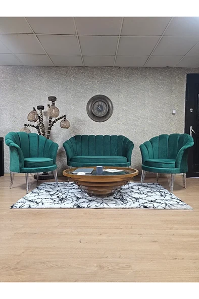 İstiridye Takım Krom Kaplama Telli Ayak Çay Seti Koltuk Takımı Yeşil Renk 110 x 48 Boyut/Ebat ürün görseli 1