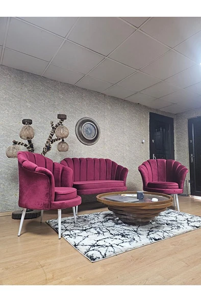 İstiridye Takım Beyaz Boyalı Sivriltme Ayak Çay Seti Koltuk Takımı Bordo Renk 110 x 48 Boyut/Ebat - Resim 3