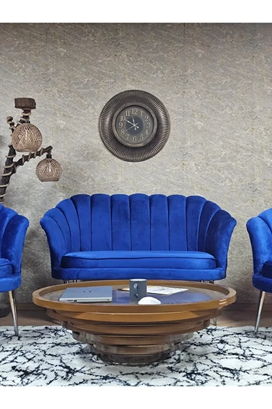 İstiridye Takım Krom Kaplama Sivriltme Ayak Çay Seti Koltuk Takımı Mavi Renk 110 x 48 Boyut/Ebat - Resim 2