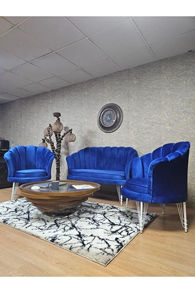 İstiridye Takım Beyaz Boyalı Telli Ayak Çay Seti Koltuk Takımı Mavi Renk 110 x 48 Boyut/Ebat - 4