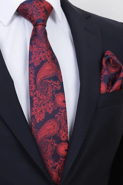 Esgue Hand Made 7.5 cm Kırmızı Lacivert Damla Desen Mendilli Kravat ürün görseli 1