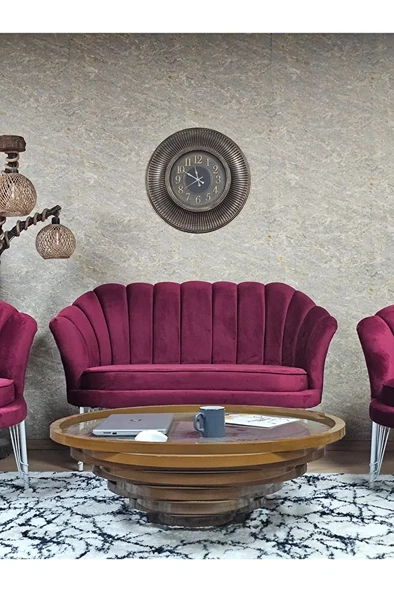 İstiridye Takım Beyaz Boyalı Telli Ayak Çay Seti Koltuk Takımı Bordo Renk 110 x 48 Boyut/Ebat - Resim 2