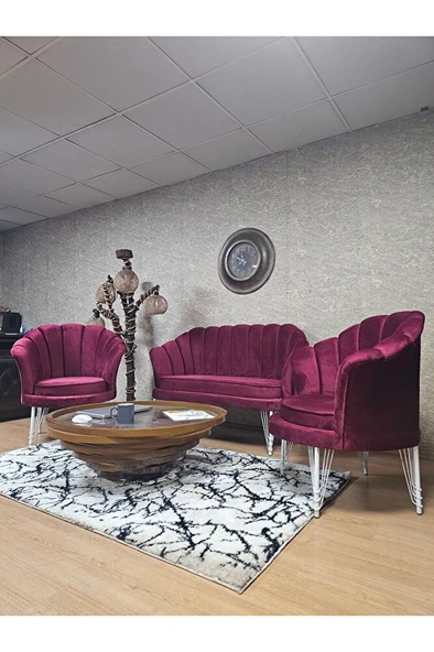 İstiridye Takım Beyaz Boyalı Telli Ayak Çay Seti Koltuk Takımı Bordo Renk 110 x 48 Boyut/Ebat - Resim 4