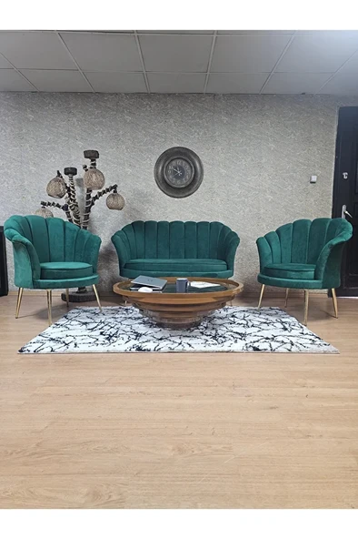 İstiridye Takım Gold Kaplama Sivriltme Ayak Çay Seti Koltuk Takımı Yeşil Renk 110 x 48 Boyut/Ebat