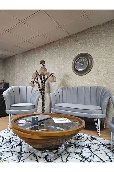 İstiridye Takım Beyaz Boyalı Telli Ayak Çay Seti Koltuk Takımı Gri Renk 110 x 48 Boyut/Ebat - Resim 4
