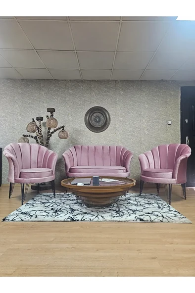 İstiridye Takım Siyah Boyalı Telli Ayak Çay Seti Koltuk Takımı Pembe Renk 110 x 48 Boyut/Ebat ürün görseli
