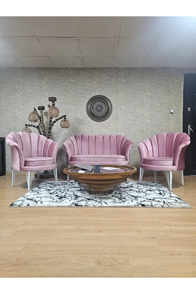 İstiridye Takım Beyaz Boyalı Telli Ayak Çay Seti Koltuk Takımı Pembe Renk 110 x 48 Boyut/Ebat ürün görseli