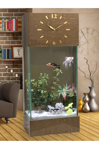 Dekor Akvaryum Full Set, Led Işıklı Saatli Kule Akvaryum Desenli Kahve - 2