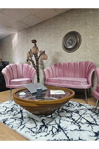 İstiridye Takım Krom Kaplama Sivriltme Ayak Çay Seti Koltuk Takımı Pembe Renk 110 x 48 Boyut/Ebat - 4