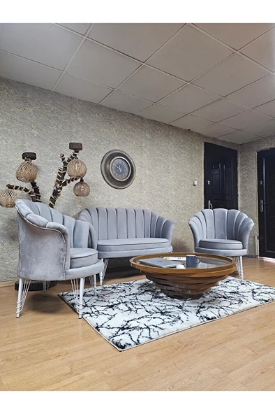 İstiridye Takım Beyaz Boyalı Telli Ayak Çay Seti Koltuk Takımı Gri Renk 110 x 48 Boyut/Ebat - Resim 3