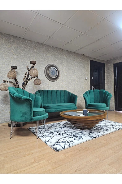 İstiridye Takım Krom Kaplama Telli Ayak Çay Seti Koltuk Takımı Yeşil Renk 110 x 48 Boyut/Ebat - Resim 3