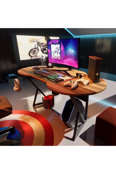 Michael Brean Özel Oval Tasarım Oyuncu Masası 156 Cm Bardaklık Ve Kulaklık Tutucu Hediye - 5
