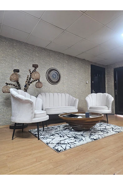 İstiridye Takım Siyah Boyalı Sivriltme Ayak Çay Seti Koltuk Takımı Krem Renk 110 x 48 Boyut/Ebat - Resim 3