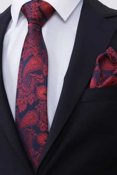 Esgue Hand Made 7.5 cm Kırmızı Lacivert Damla Desen Mendilli Kravat - Resim 2