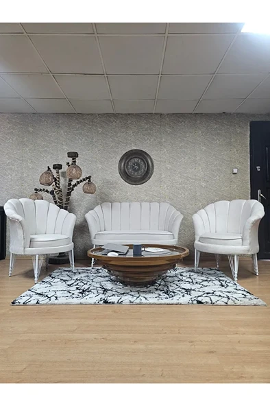 İstiridye Takım Beyaz Boyalı Telli Ayak Çay Seti Koltuk Takımı Krem Renk 110 x 48 Boyut/Ebat