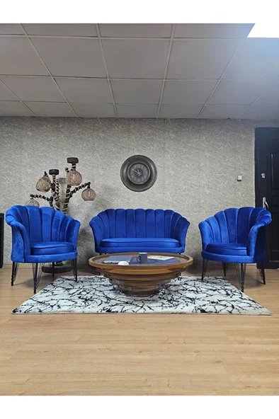 İstiridye Takım Siyah Boyalı Telli Ayak Çay Seti Koltuk Takımı Mavi Renk 110 x 48 Boyut/Ebat ürün görseli 1