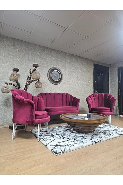 İstiridye Takım Beyaz Boyalı Telli Ayak Çay Seti Koltuk Takımı Bordo Renk 110 x 48 Boyut/Ebat - Resim 3