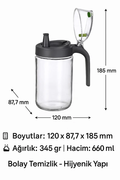 660 ml Şeffaf Cam Yağdanlık – Zeytinyağı, Sirke, Nar Ekşisi İçin İdeal Antrasit - 7
