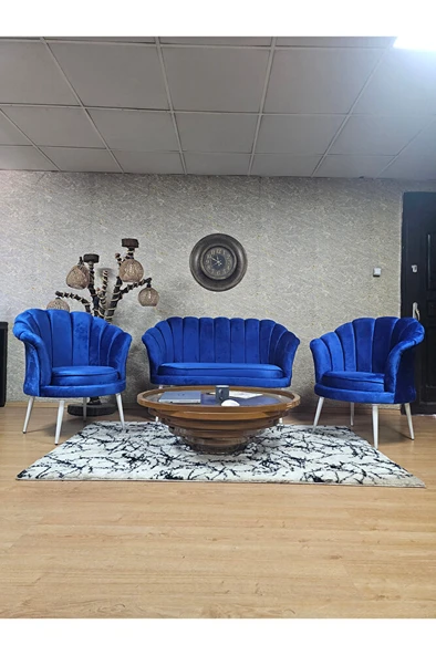 İstiridye Takım Beyaz Boyalı Sivriltme Ayak Çay Seti Koltuk Takımı Mavi Renk 110 x 48 Boyut/Ebat ürün görseli 1