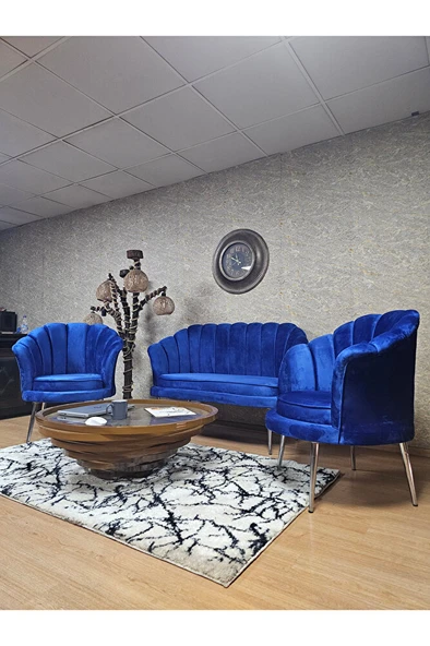 İstiridye Takım Krom Kaplama Sivriltme Ayak Çay Seti Koltuk Takımı Mavi Renk 110 x 48 Boyut/Ebat - Resim 4