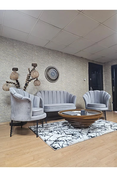 İstiridye Takım Siyah Boyalı Telli Ayak Çay Seti Koltuk Takımı Gri Renk 110 x 48 Boyut/Ebat - Resim 3