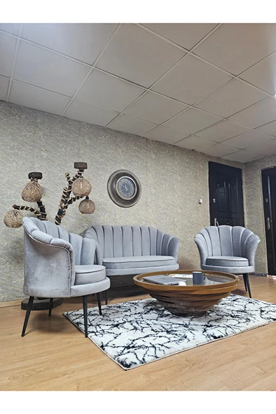 İstiridye Takım Siyah Boyalı Sivriltme Ayak Çay Seti Koltuk Takımı Gri Renk 110 x 48 Boyut/Ebat - Resim 3