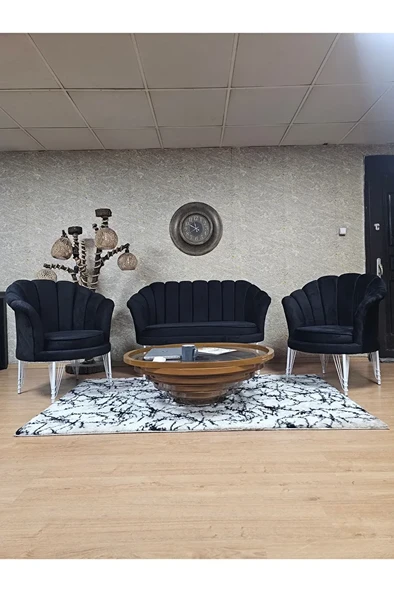 İstiridye Takım Beyaz Boyalı Telli Ayak Çay Seti Koltuk Takımı Siyah Renk 110 x 48 Boyut/Ebat