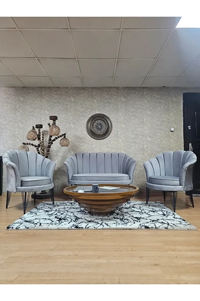 İstiridye Takım Siyah Boyalı Telli Ayak Çay Seti Koltuk Takımı Gri Renk 110 x 48 Boyut/Ebat ürün görseli 1