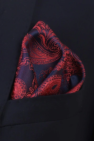 Esgue Hand Made 7.5 cm Kırmızı Lacivert Damla Desen Mendilli Kravat - Resim 4