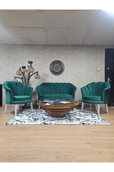 İstiridye Takım Beyaz Boyalı Telli Ayak Çay Seti Koltuk Takımı Yeşil Renk 110 x 48 Boyut/Ebat