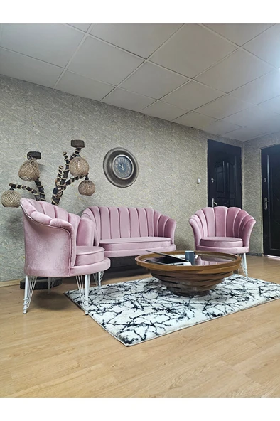 İstiridye Takım Beyaz Boyalı Telli Ayak Çay Seti Koltuk Takımı Pembe Renk 110 x 48 Boyut/Ebat - Resim 3
