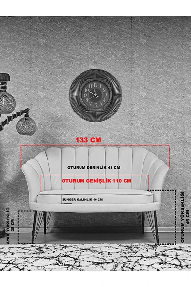 İstiridye Takım Beyaz Boyalı Telli Ayak Çay Seti Koltuk Takımı Gri Renk 110 x 48 Boyut/Ebat - Resim 5