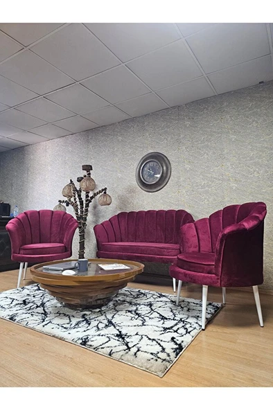 İstiridye Takım Beyaz Boyalı Sivriltme Ayak Çay Seti Koltuk Takımı Bordo Renk 110 x 48 Boyut/Ebat - Resim 4