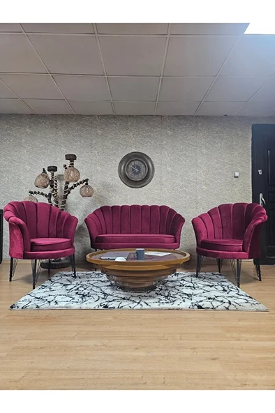 İstiridye Takım Siyah Boyalı Telli Ayak Çay Seti Koltuk Takımı Bordo Renk 110 x 48 Boyut/Ebat ürün görseli 1