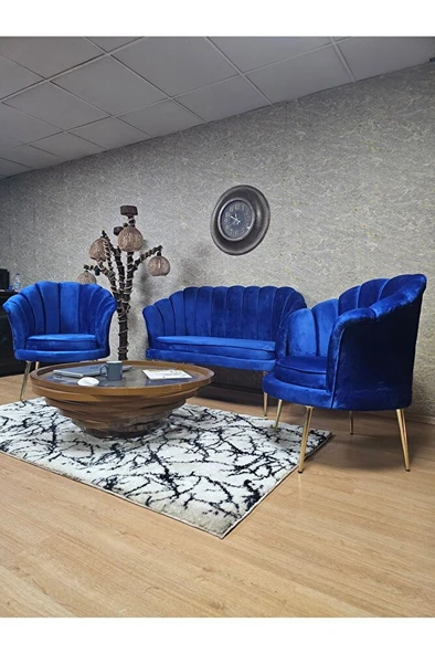 İstiridye Takım Gold Kaplama Sivriltme Ayak Çay Seti Koltuk Takımı Mavi Renk 110 x 48 Boyut/Ebat - Resim 4