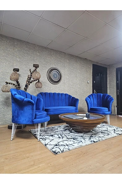 İstiridye Takım Beyaz Boyalı Telli Ayak Çay Seti Koltuk Takımı Mavi Renk 110 x 48 Boyut/Ebat - 3