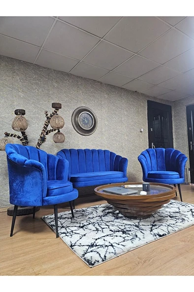 İstiridye Takım Siyah Boyalı Sivriltme Ayak Çay Seti Koltuk Takımı Mavi Renk 110 x 48 Boyut/Ebat - 3