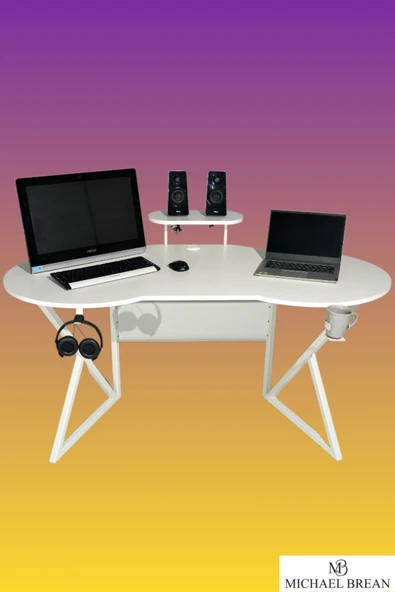 Michael Brean Özel Oval Tasarım Oyuncu Masası 156 Cm Bardaklık Ve Kulaklık Tutucu Hediye - 2