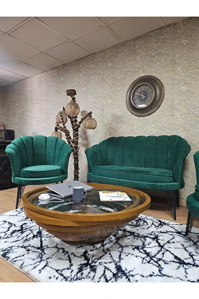 İstiridye Takım Siyah Boyalı Telli Ayak Çay Seti Koltuk Takımı Yeşil Renk 110 x 48 Boyut/Ebat - Resim 4