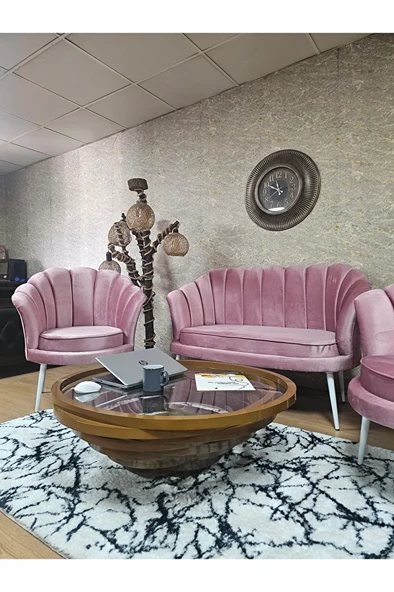 İstiridye Takım Beyaz Boyalı Sivriltme Ayak Çay Seti Koltuk Takımı Pembe Renk 110 x 48 Boyut/Ebat - 4