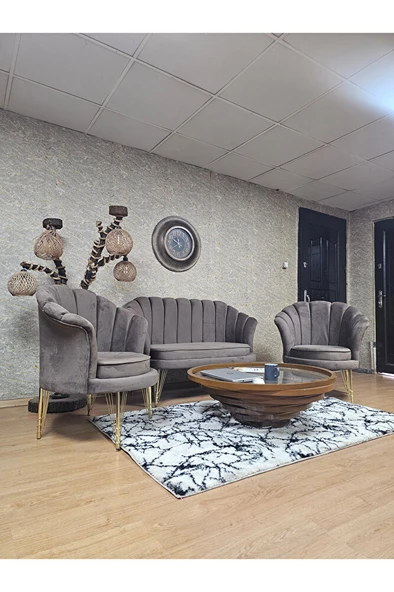 İstiridye Takım Gold Kaplama Telli Ayak Çay Seti Koltuk Takımı Kahverengi Renk 110 x 48 Boyut/Ebat - Resim 3